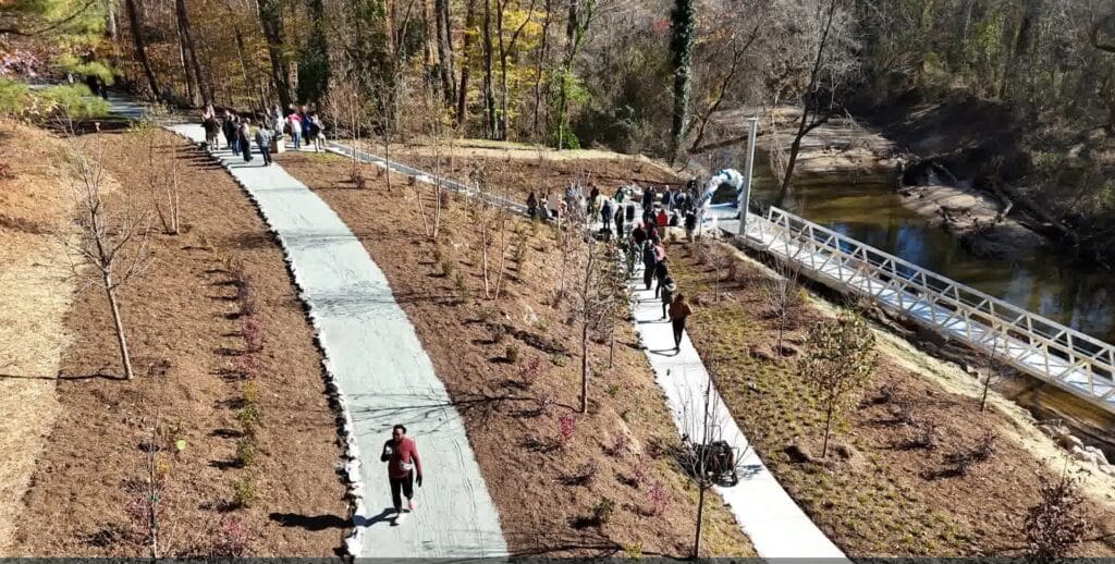 Aerial of the Standing Peachtree riverfront canoe launch and site work built by JCG