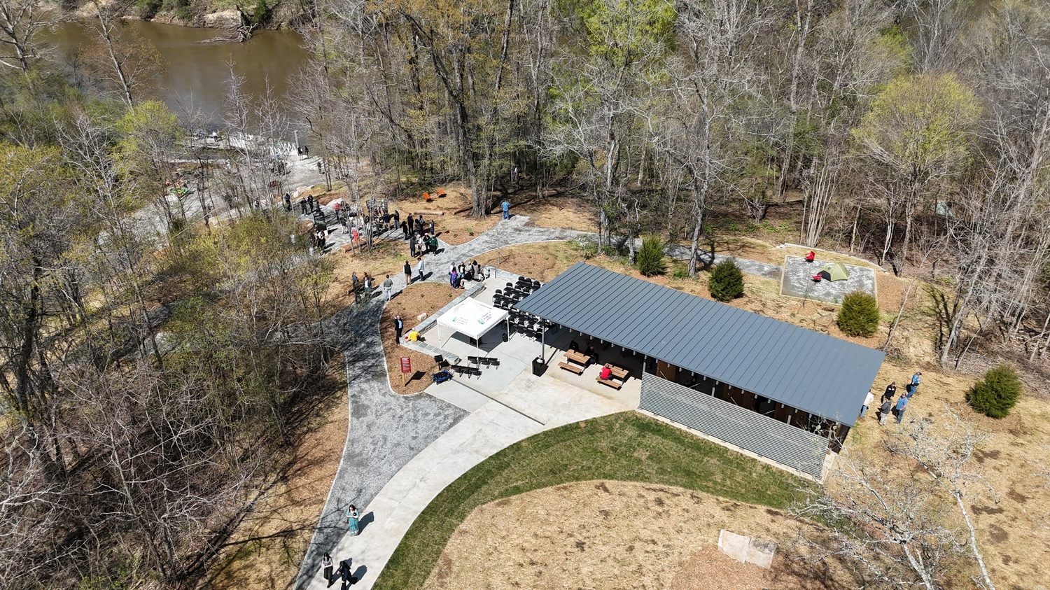 Aerial of the Camp + Paddle pavilion on the Chattahoochee, built by JCG